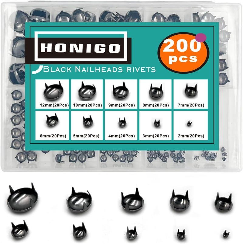 honigo 200pcs Nailheads Dome Studs Rivets Gun Metal Solid Brass 2/3/4/5/6/7/8/9/10/12mm 4 Prongs Spikes Spots for Leather Craft Clothes Belt Bag Shoes Decorations Totes DIY Craft - Image 1